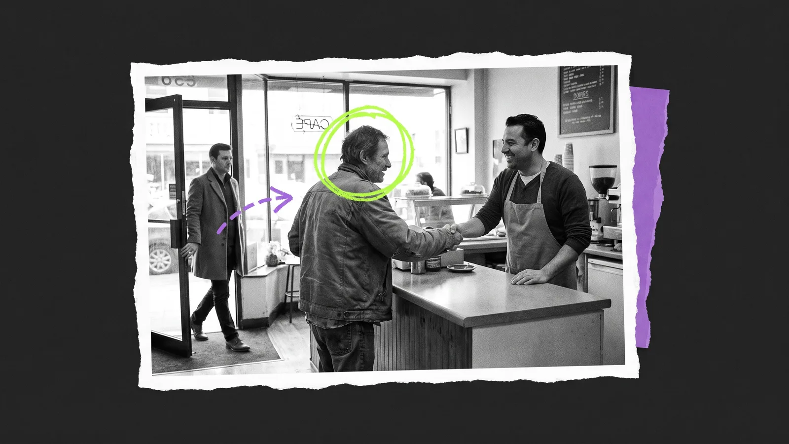 Black-and-white photo of a café: a regular customer greeted at the counter, circled in green, while a new customer walks in through the door, marked with a purple arrow.