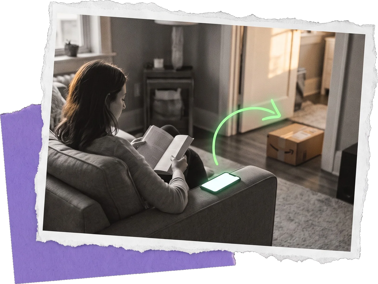 Black-and-white photo of a woman reading on a sofa; a green arrow runs from her phone to a parcel waiting by the door.