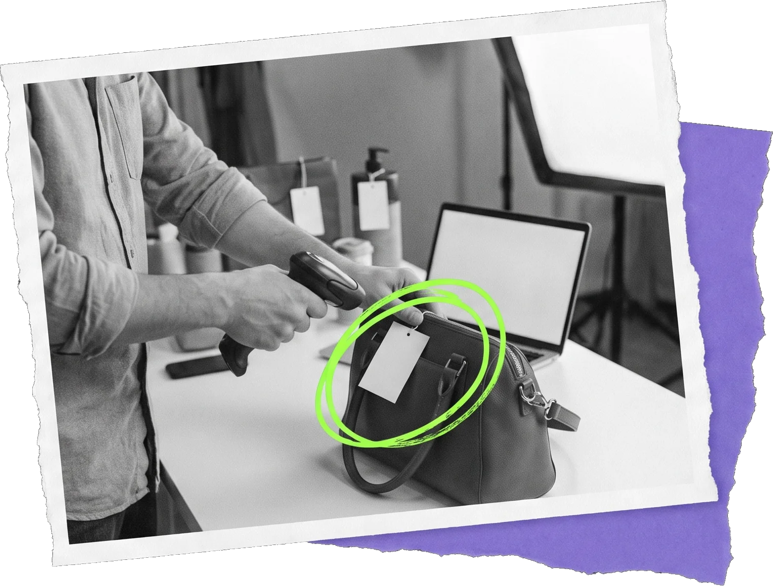 Black-and-white photo of a person holding a scanner to the tag of a handbag next to an open laptop; the tag is circled in green.