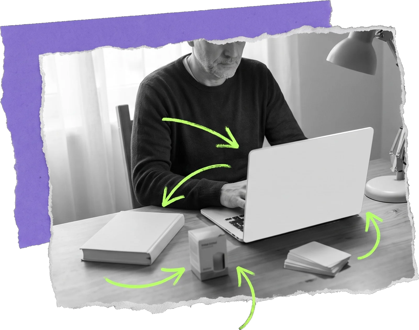 Black-and-white photo of a man at a laptop on a desk with books and a small device, with green arrows pointing from the objects toward the laptop.