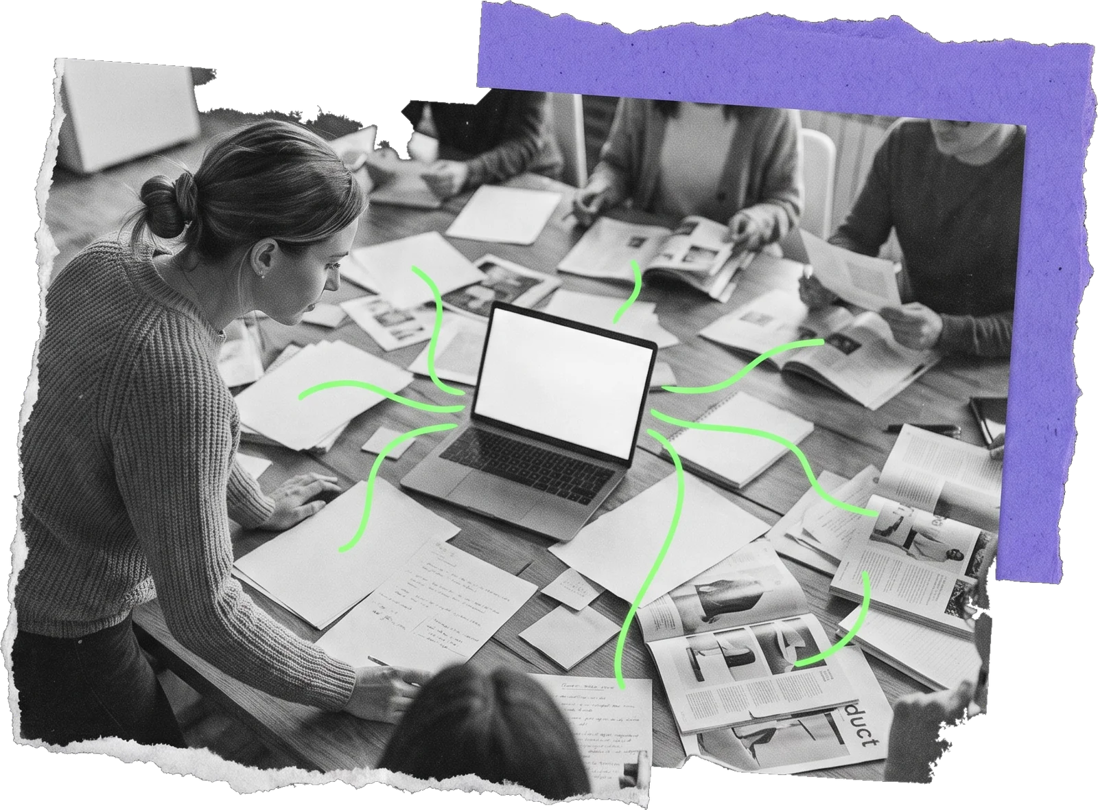 Black-and-white photo of a woman at a table covered in printed pages and magazines, with a laptop in the middle and green lines running from the laptop out to each paper.
