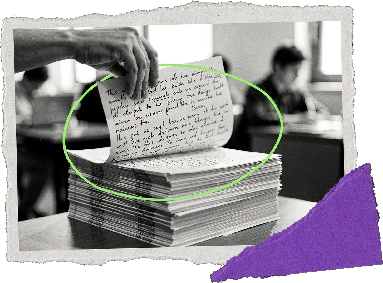 Black-and-white photo of a hand turning a page on a tall stack of handwritten notes, with the page circled in green.