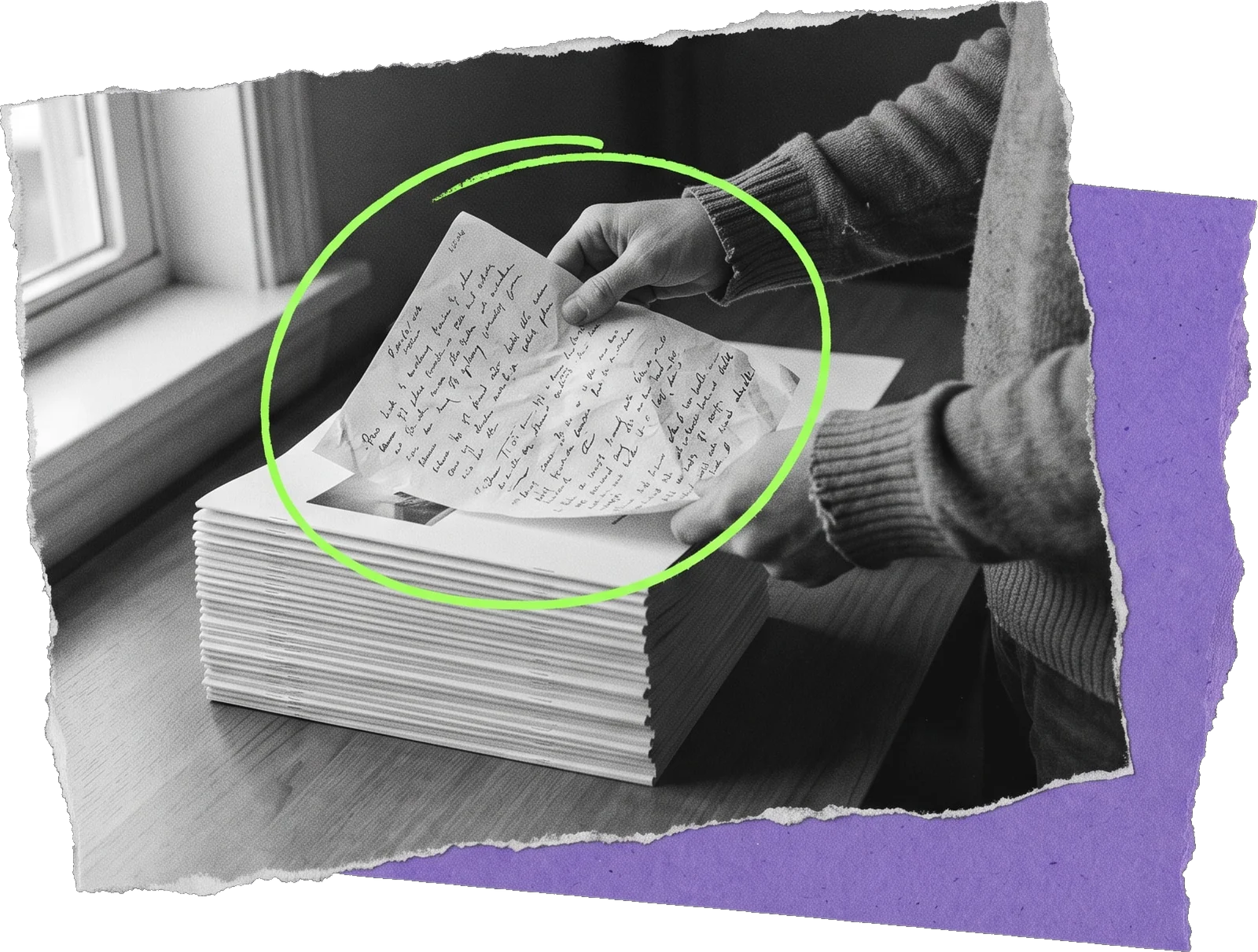 Black-and-white photo of a person lifting the top sheet from a stack of handwritten pages by a window, the page circled in green.