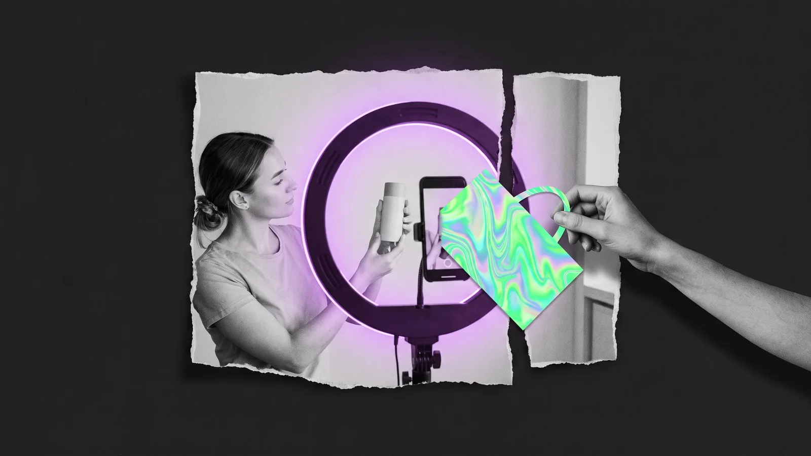 Black-and-white photo of a creator filming a product with a ring light and a phone, while a hand pulls a shopping bag out of the phone screen.