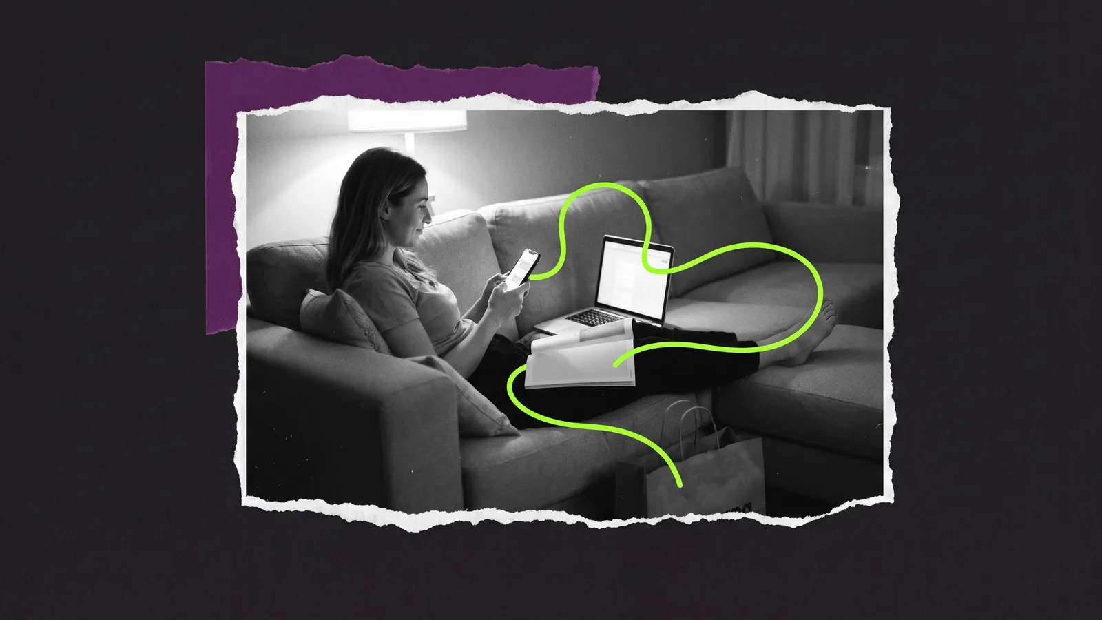 Black-and-white photo of a woman on a sofa holding her phone, a laptop open beside her, with a hand-drawn green line looping between the two screens.