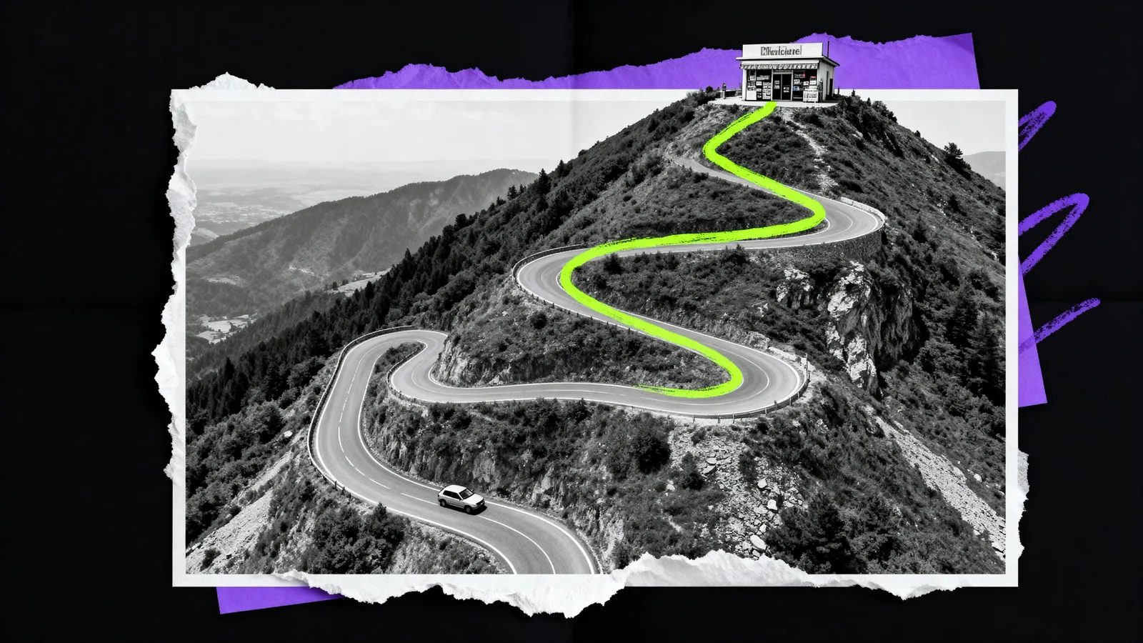 Black-and-white photo of a road winding up a mountain to a small shop at the top, with the route traced in green.