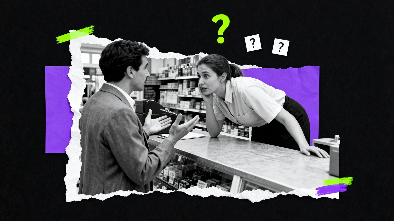 Black-and-white photo of a customer leaning over a shop counter to ask the shopkeeper a question, with hand-drawn question marks above her.