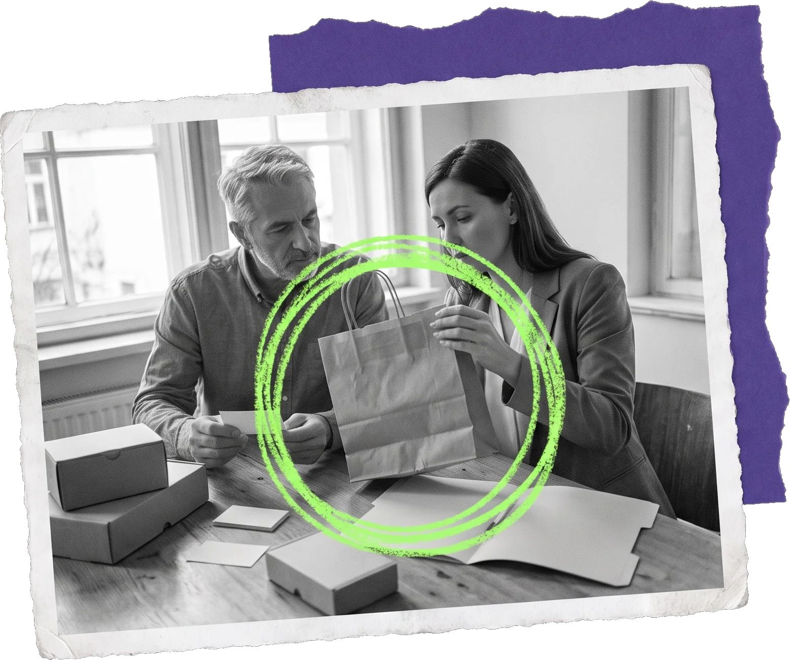 Black-and-white photo of a man and a woman at a table with boxes, holding up a paper bag circled in green.