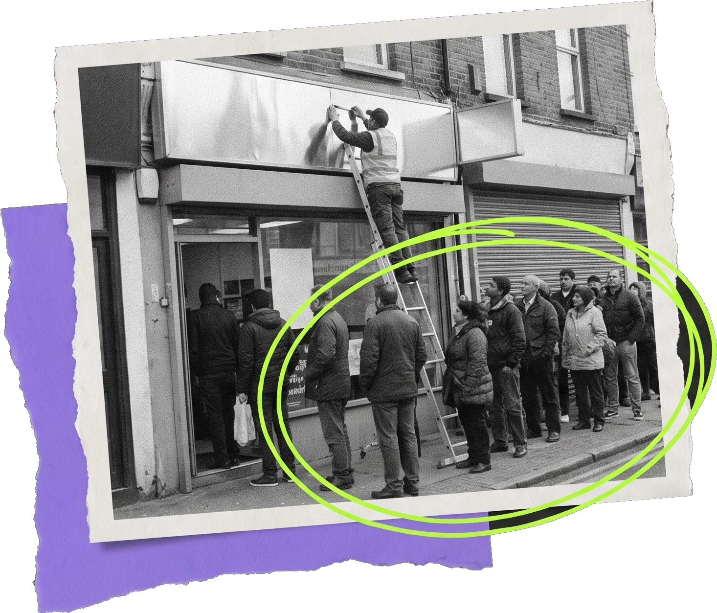 Black-and-white photo of a worker on a ladder at a shop sign while a long queue of customers waits below; the queue is circled in green.