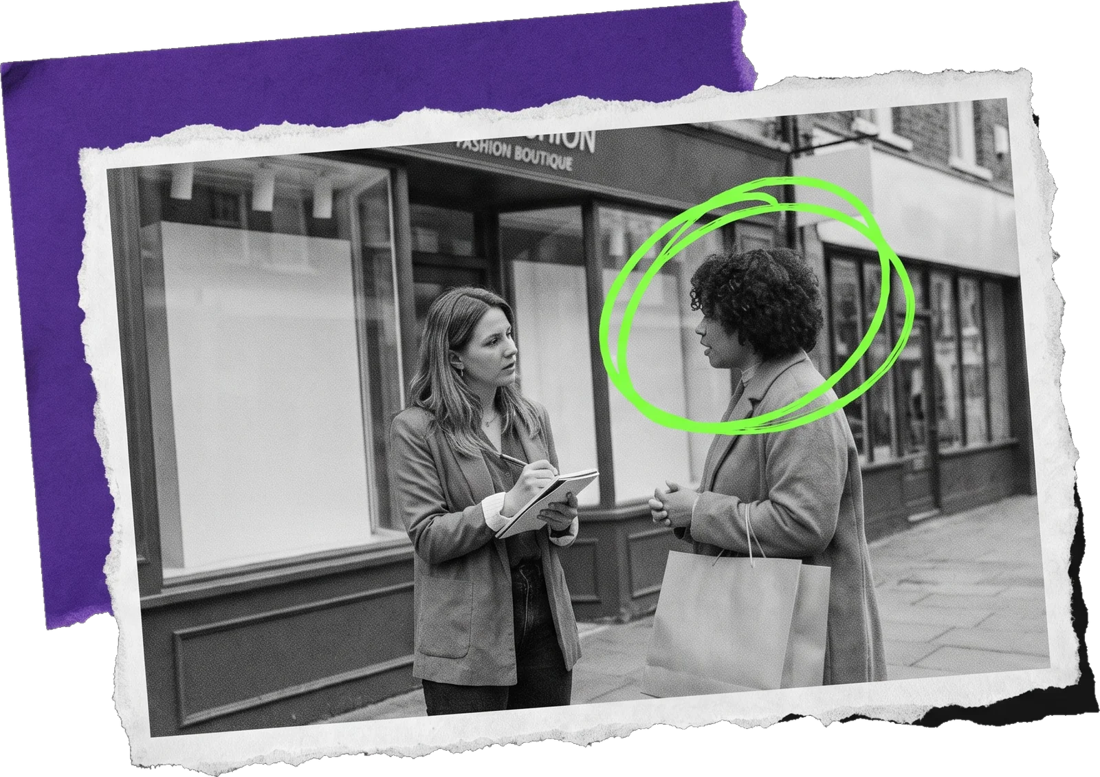 Black-and-white photo of two women talking outside a boutique, one with a notebook and a shopping bag, with the exchange circled in green and a caption strip reading "Rebrand reality check".