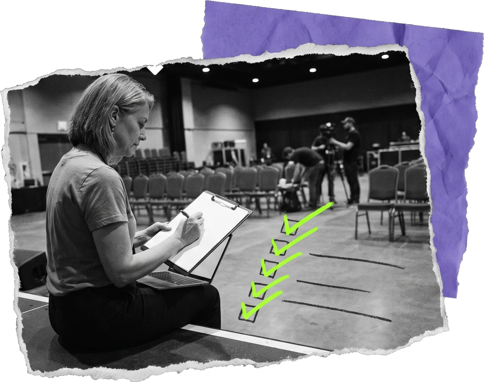 Black-and-white photo of a woman sitting at the edge of an empty event hall with a clipboard; green ticks run down a list beside her.