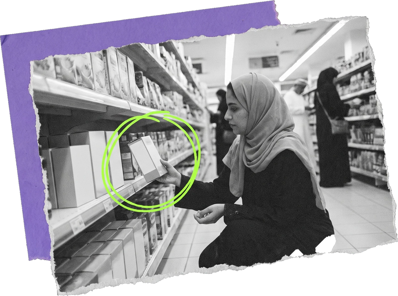 Black-and-white photo of a woman in a headscarf crouching at a supermarket shelf, holding a product box circled in green.