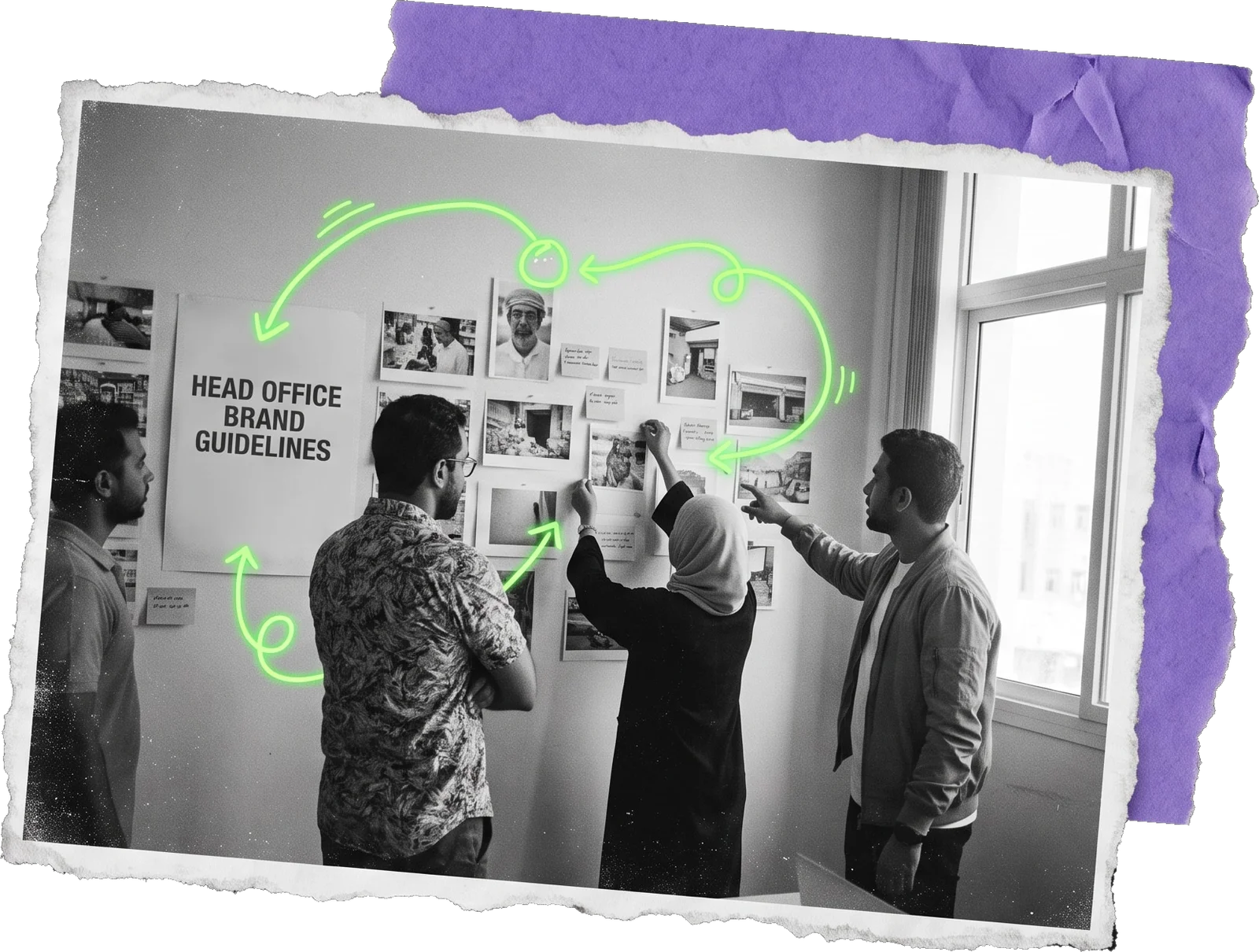 Black-and-white photo of four colleagues at a wall of photos beneath a card reading "Head office brand guidelines"; green arrows loop between the guidelines and the photos.