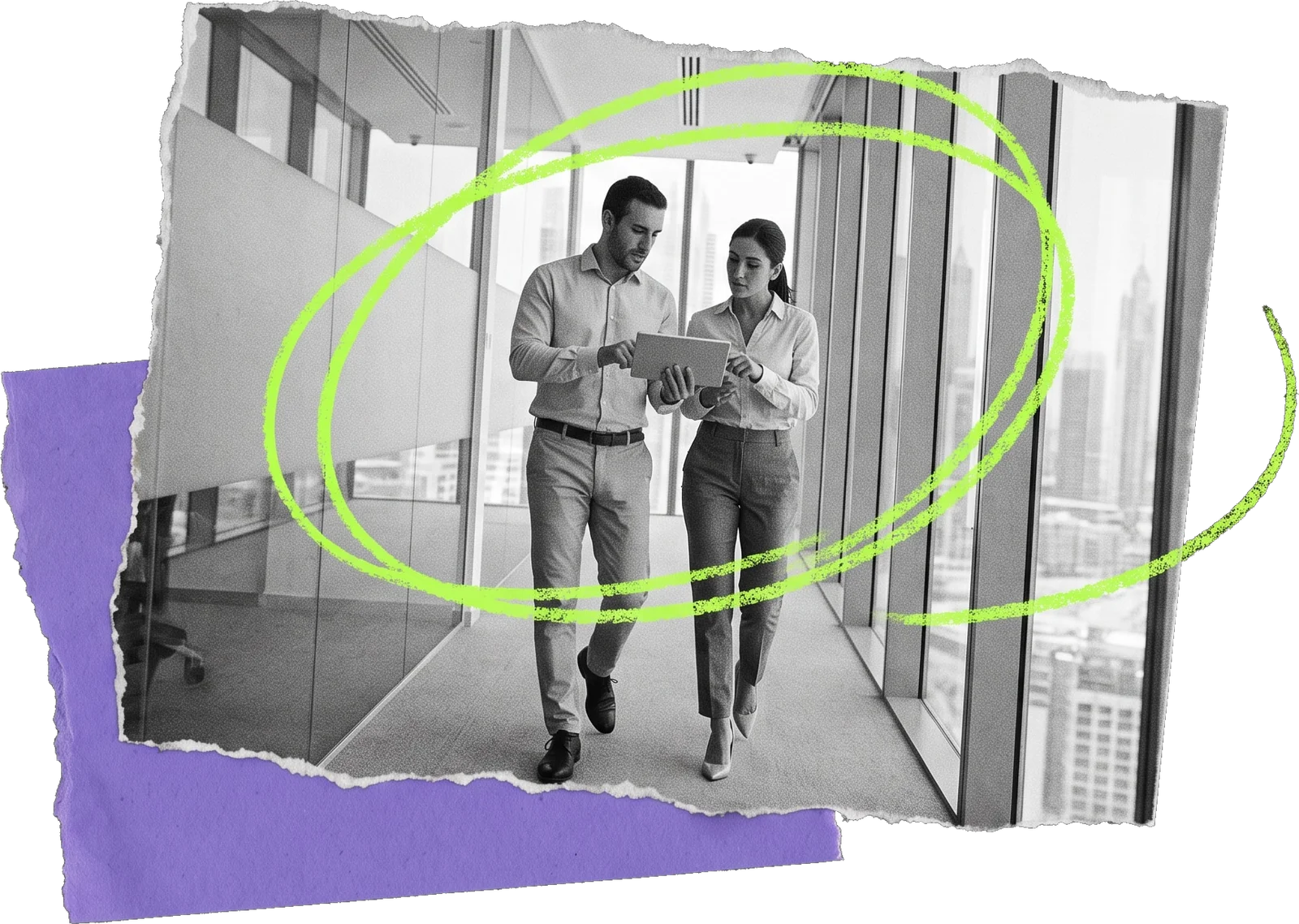 Black-and-white photo of a man and a woman walking side by side down an office corridor with a tablet, circled in green.