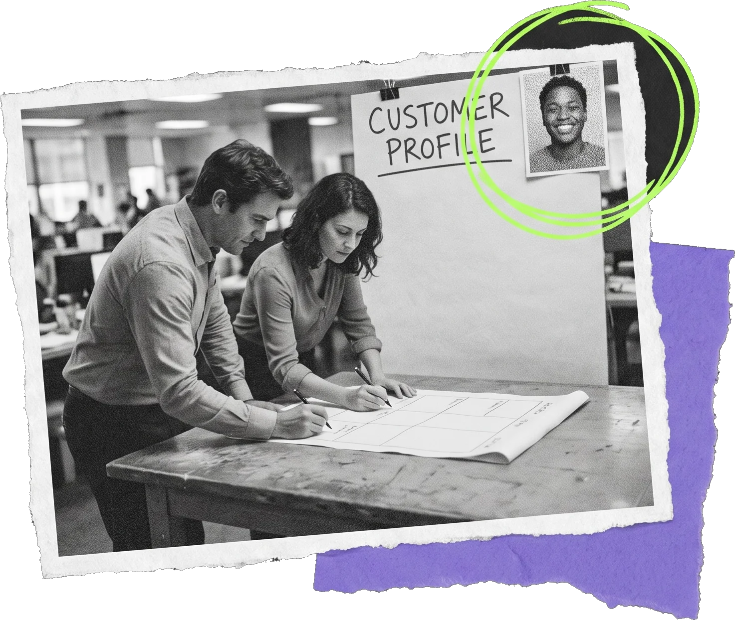 Black-and-white photo of two colleagues drawing on a large sheet at a workbench in front of a card reading "Customer profile", with a customer photo circled in green.