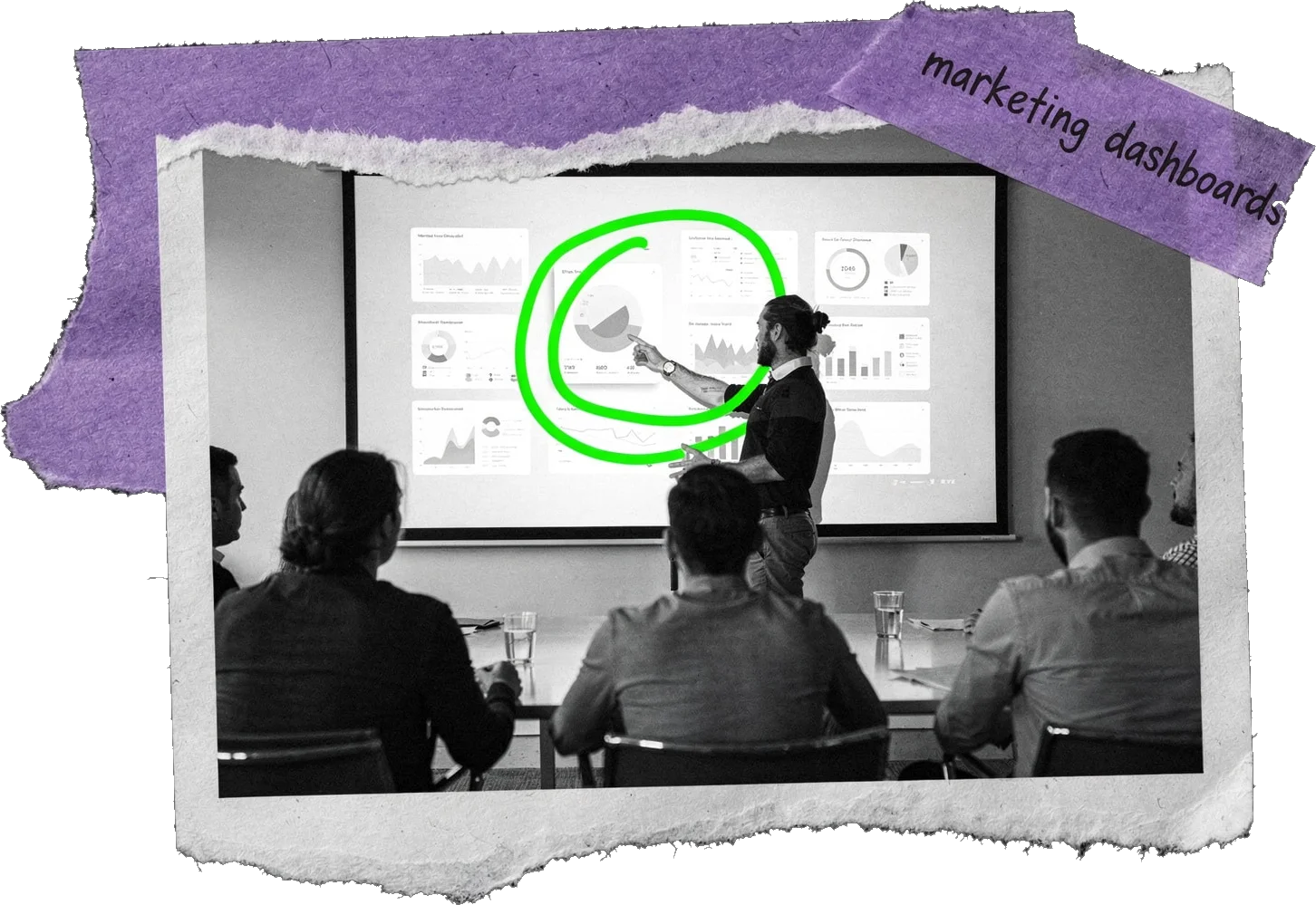 Black-and-white photo of a presenter pointing at a wall screen full of small charts while four people watch; one chart is circled in green and a tape strip reads "marketing dashboards".
