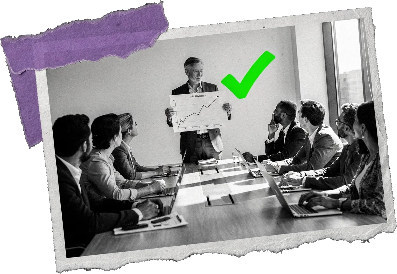 Black-and-white photo of a man at the head of a meeting table holding up a single chart, with a green tick beside him while colleagues watch.