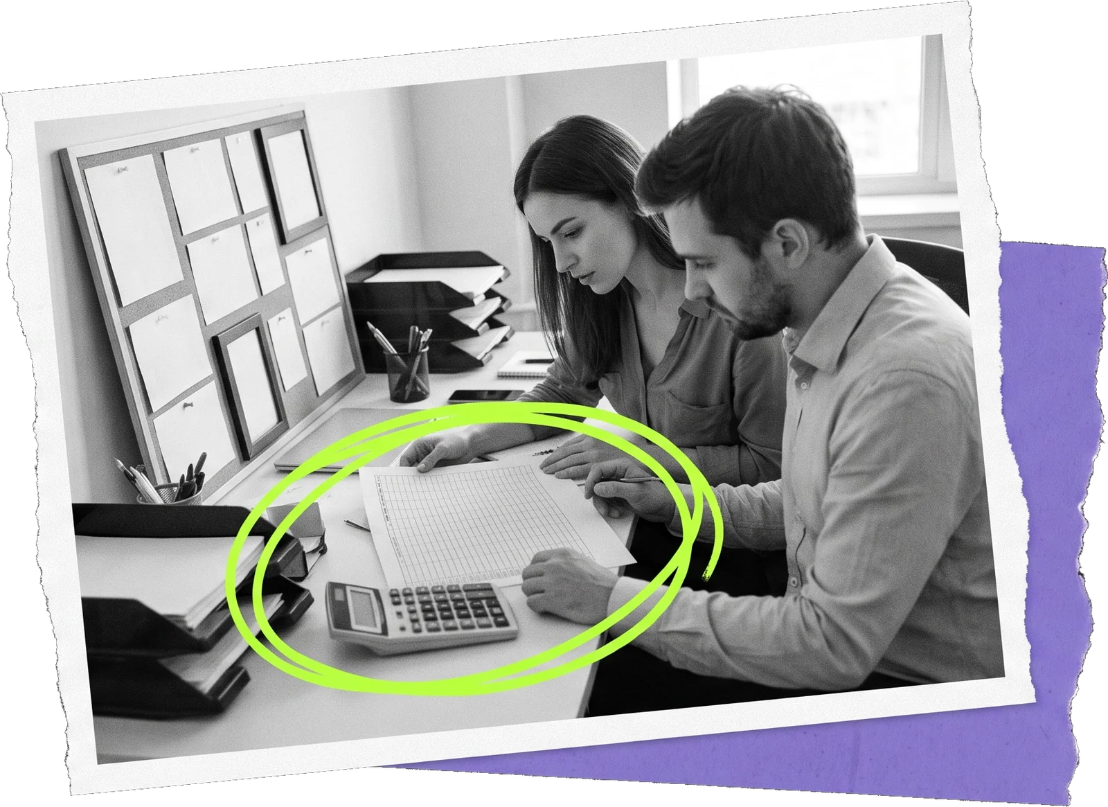 Black-and-white photo of a man and a woman at a desk working through printed sheets with a calculator; the calculator and papers are circled in green.