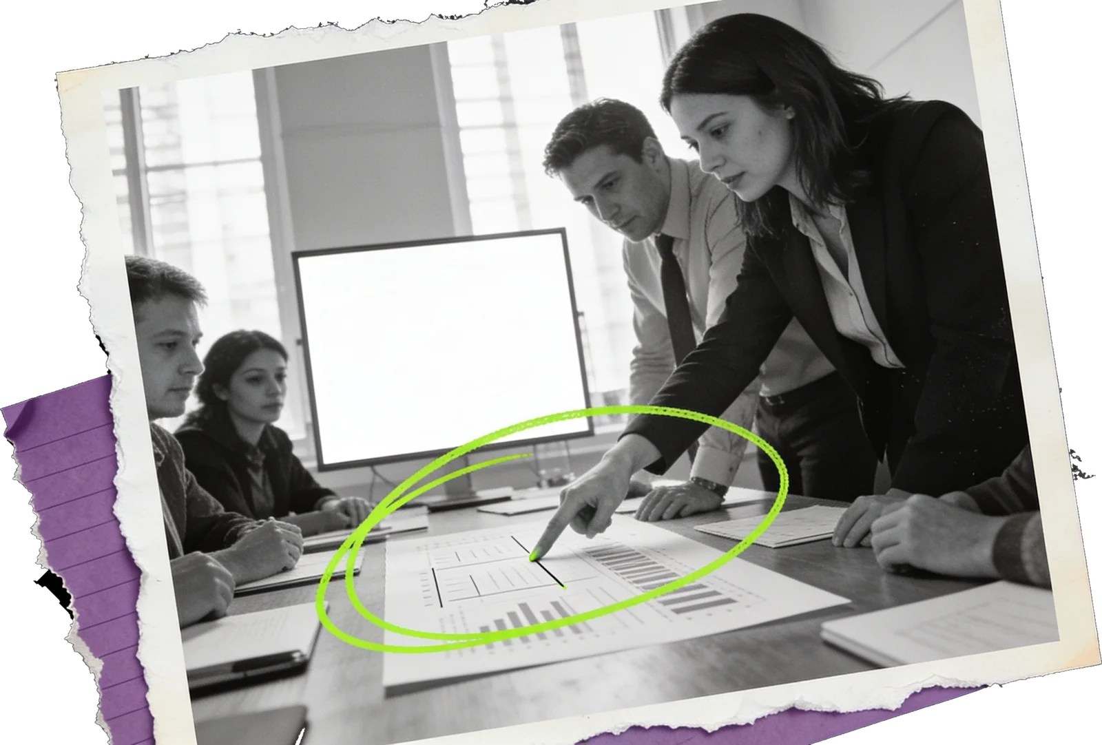 Black-and-white photo of a woman leaning over a meeting table to point at a printed chart while colleagues look on; the chart is circled in green.