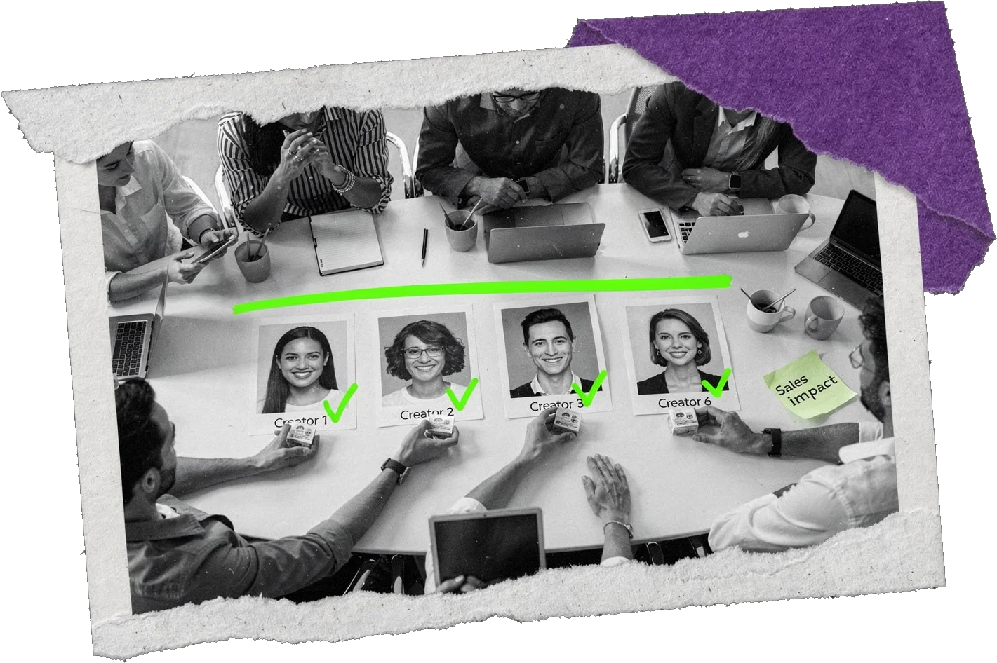 Black-and-white photo from above of a team around a table with four creator portrait cards, each with a green tick, and a sticky note reading "Sales impact".