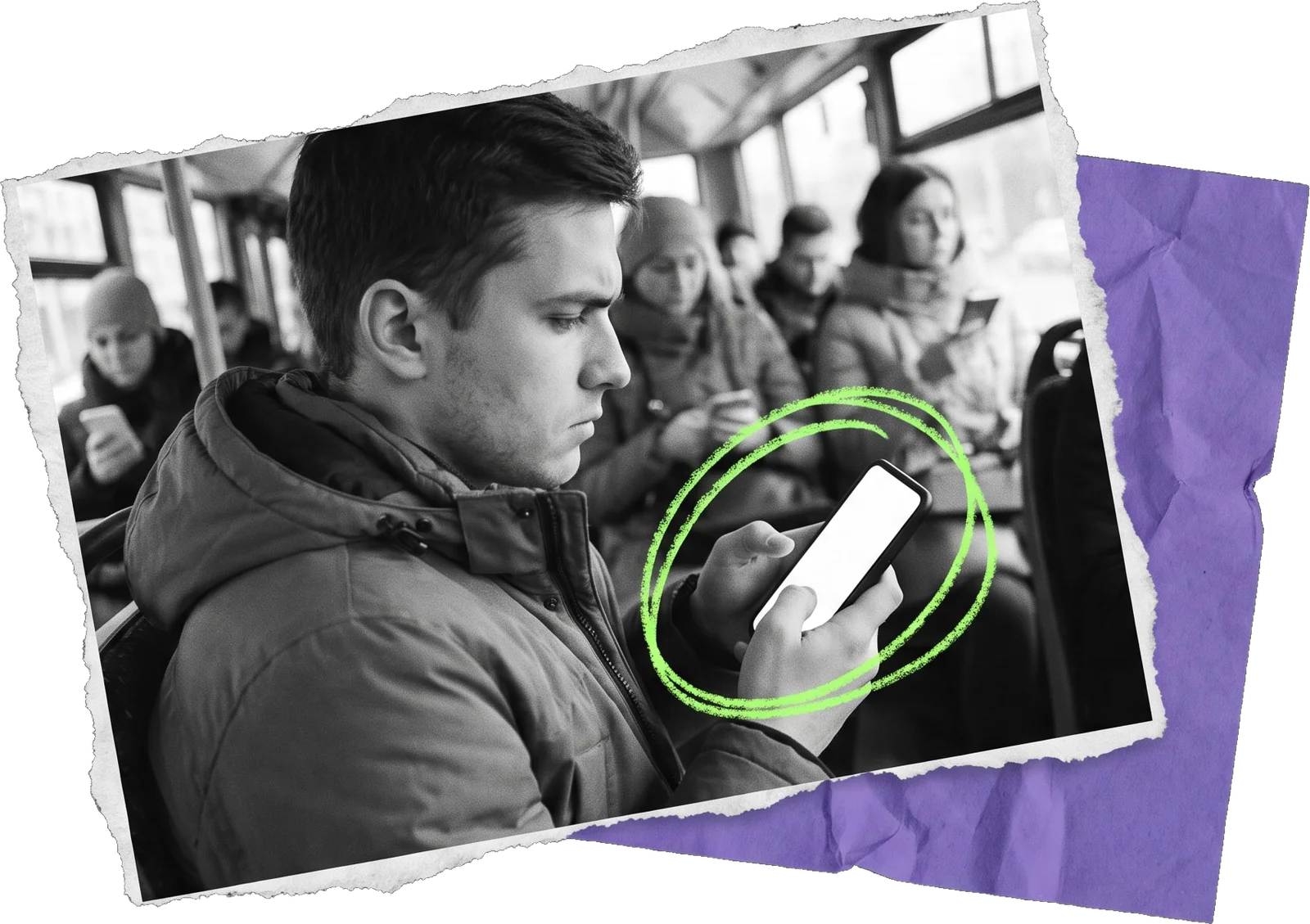 Black-and-white photo of a man on a crowded bus looking at his phone; the phone is circled in green.