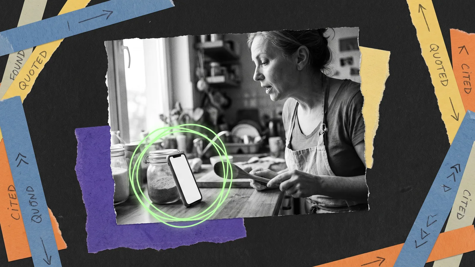 Black-and-white photo of a woman in a kitchen with a phone propped against a jar, circled in green, surrounded by paper strips reading "found", "quoted" and "cited".