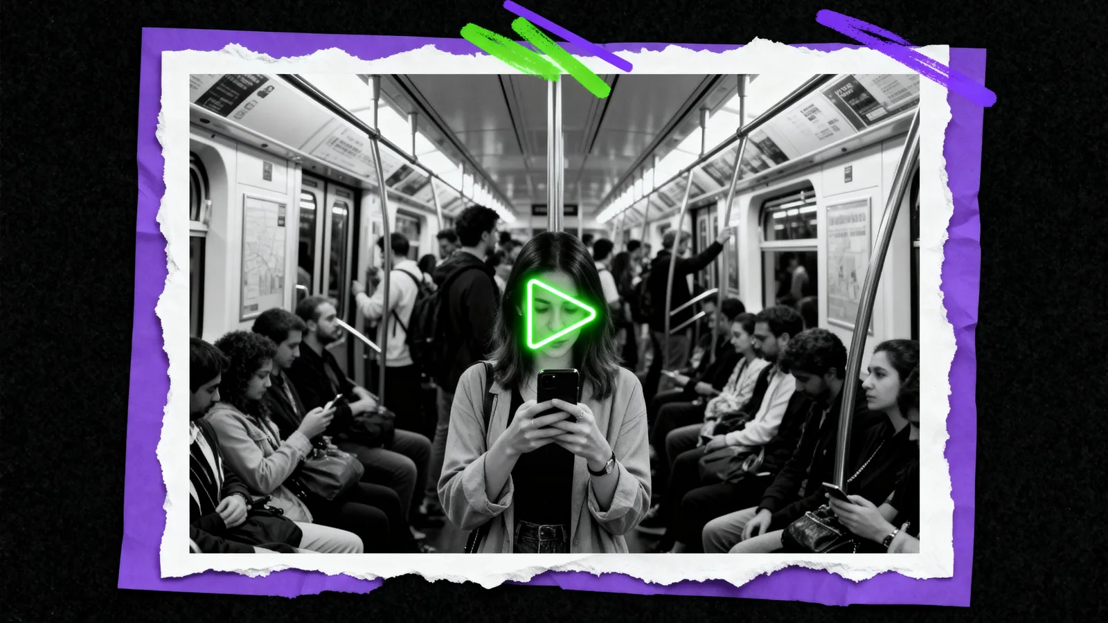 Black-and-white photo of a crowded subway carriage where everyone looks at a phone; one woman is lit up by a glowing green play icon.