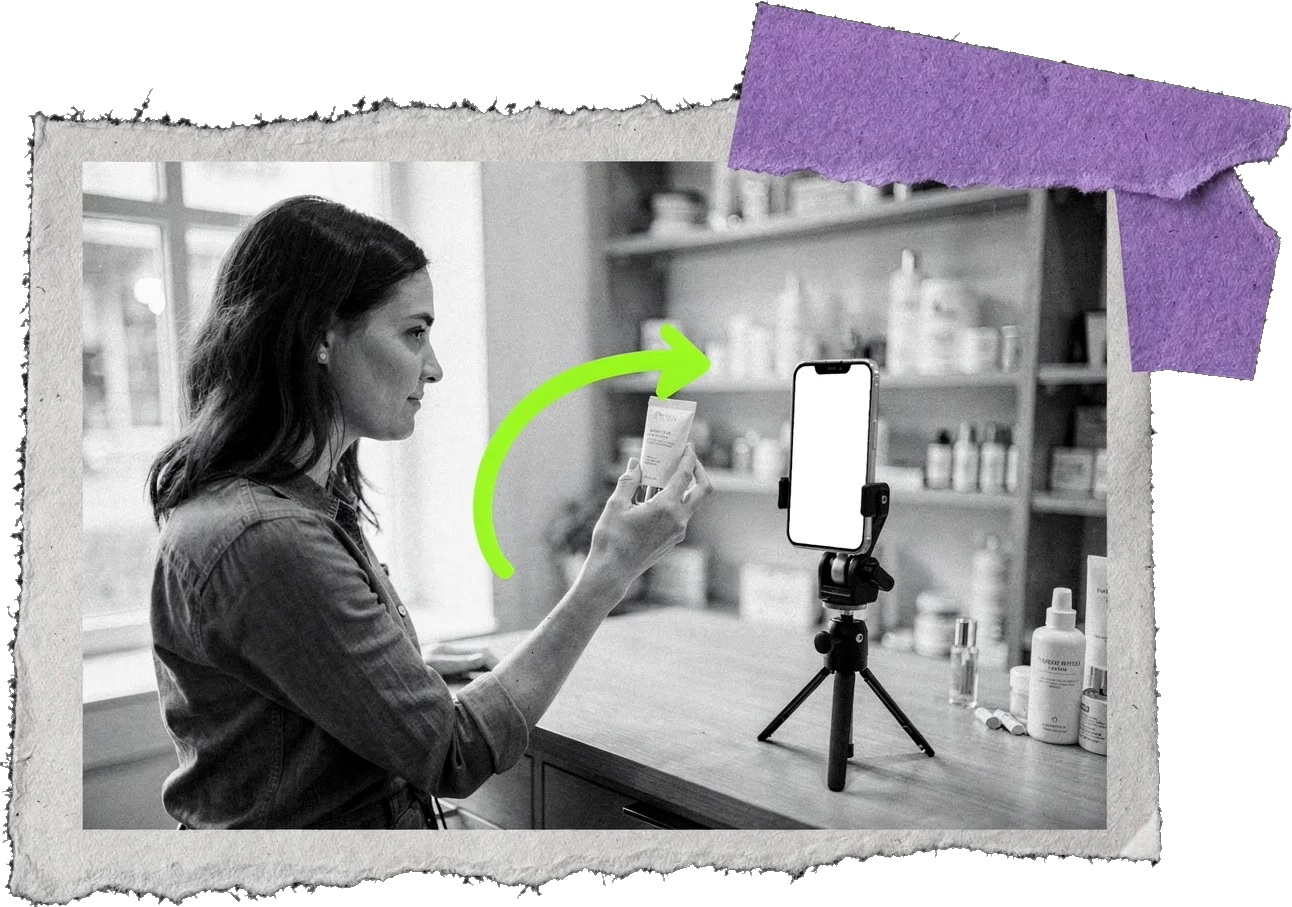 Black-and-white photo of a woman filming a skincare product with a phone on a tripod; a green arrow curves from her hand to the phone.