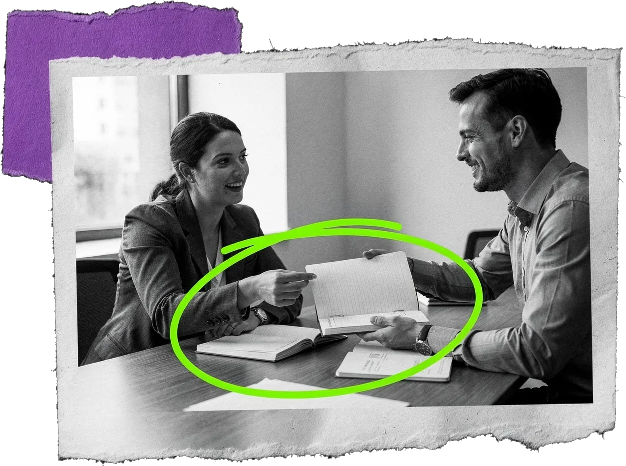 Black-and-white photo of a woman and a man at a table passing a notebook between them; the open notebook is circled in green.