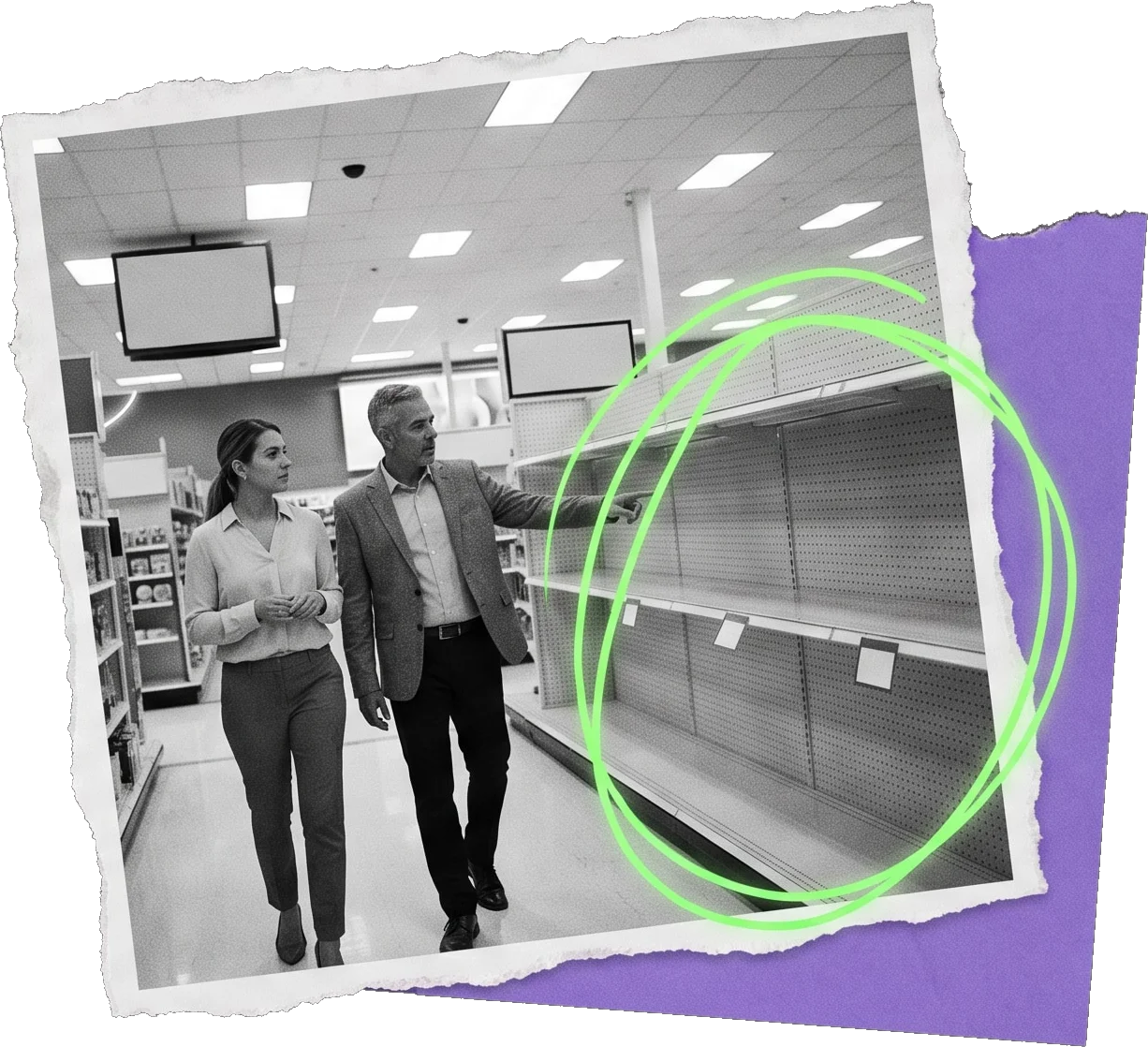 Black-and-white photo of a man and a woman walking down a store aisle toward a row of empty shelves; the empty shelves are circled in green.