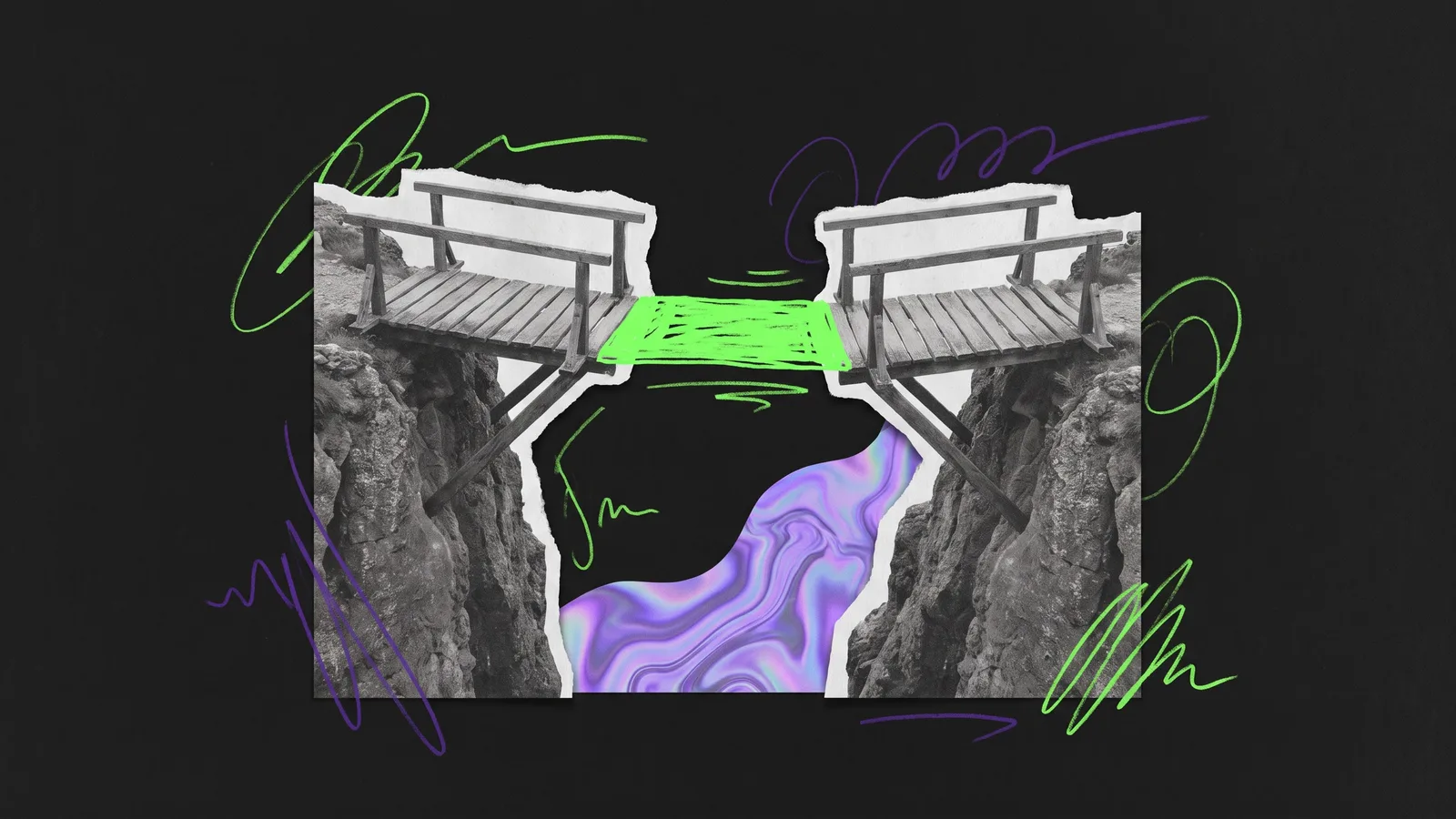 Collage of two wooden bridges built from opposite sides of a canyon, meeting in the middle where the join is drawn in green.