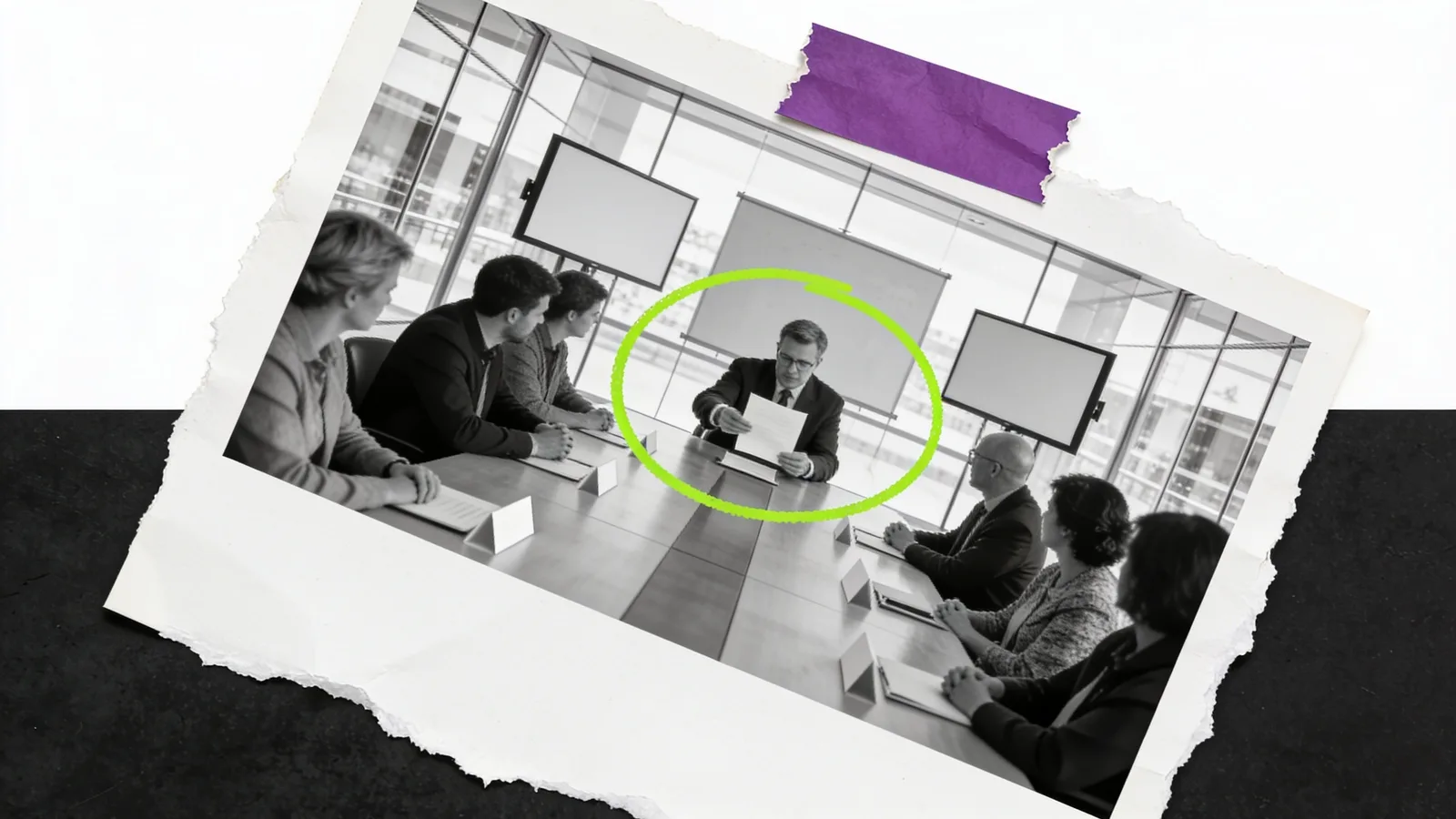 Black-and-white photo of a boardroom table with people on both sides and a man at the head holding a sheet; he is circled in green.