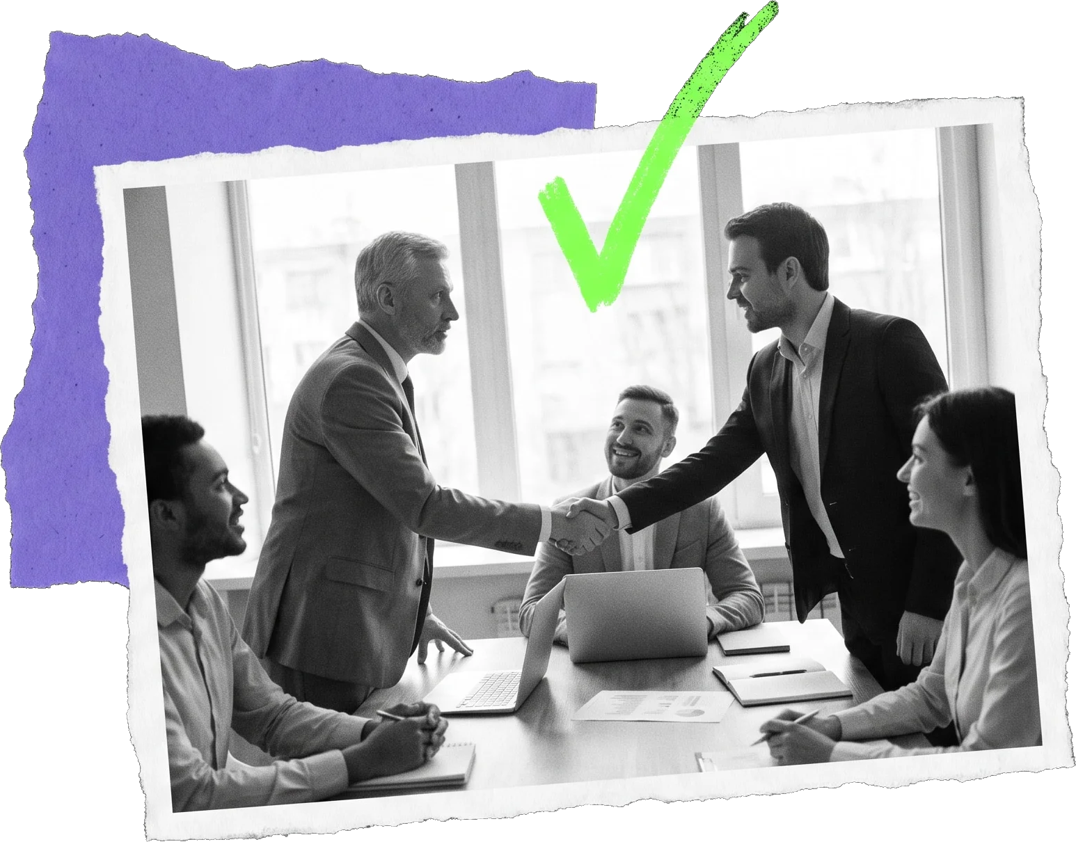 Black-and-white photo of business colleagues around a meeting table, two men shaking hands in the centre, with a large green tick above them.