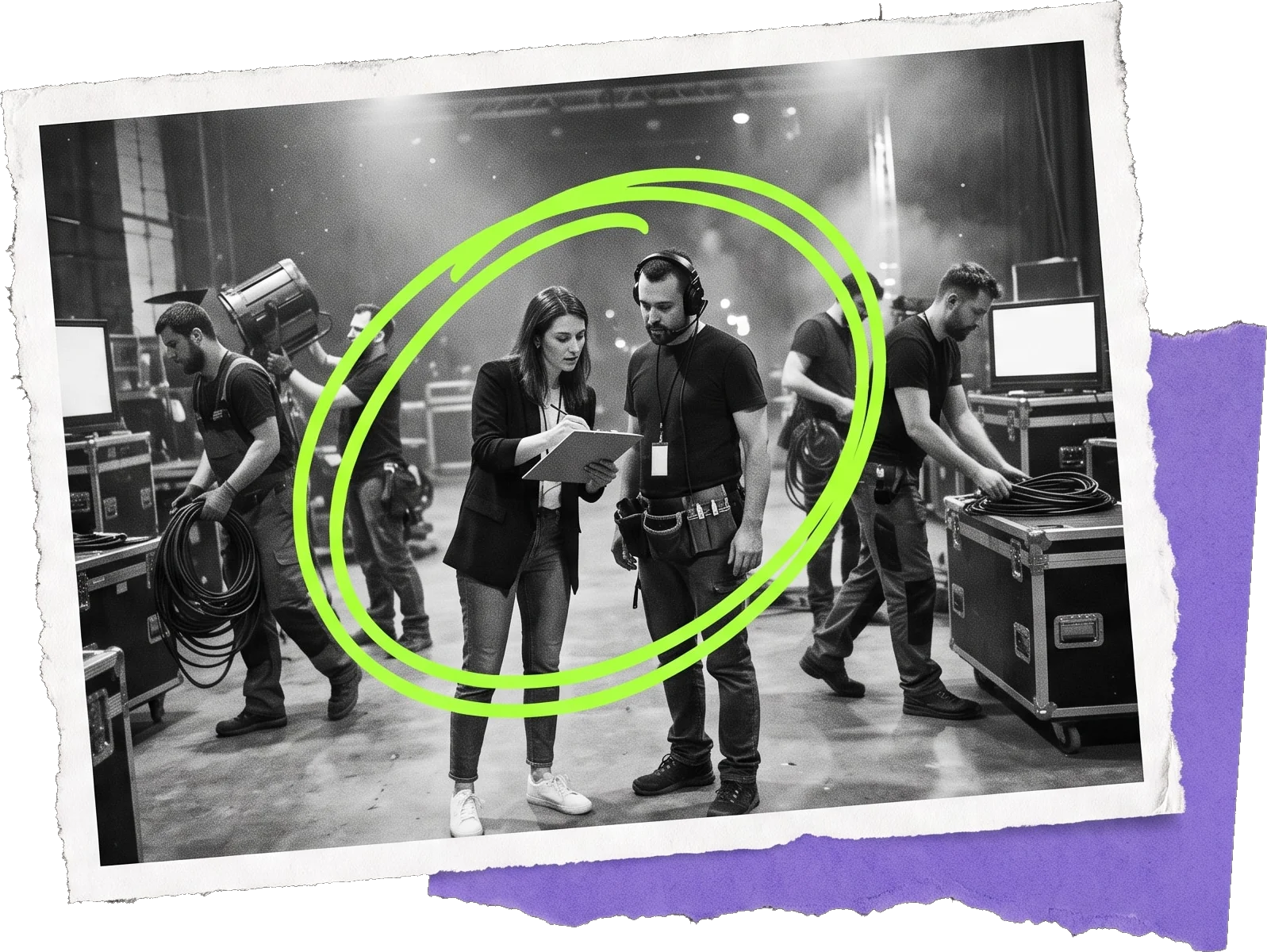 Black-and-white photo of a woman with a tablet and a crew member with a headset talking on a stage among cases and lights, circled in green.