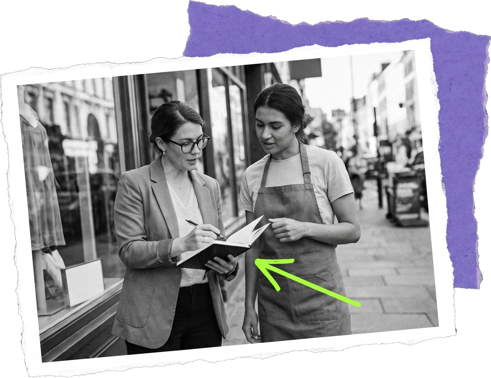Black-and-white photo of a woman with a notebook talking to a shop assistant in an apron on a shopping street, with a green arrow pointing at the assistant.