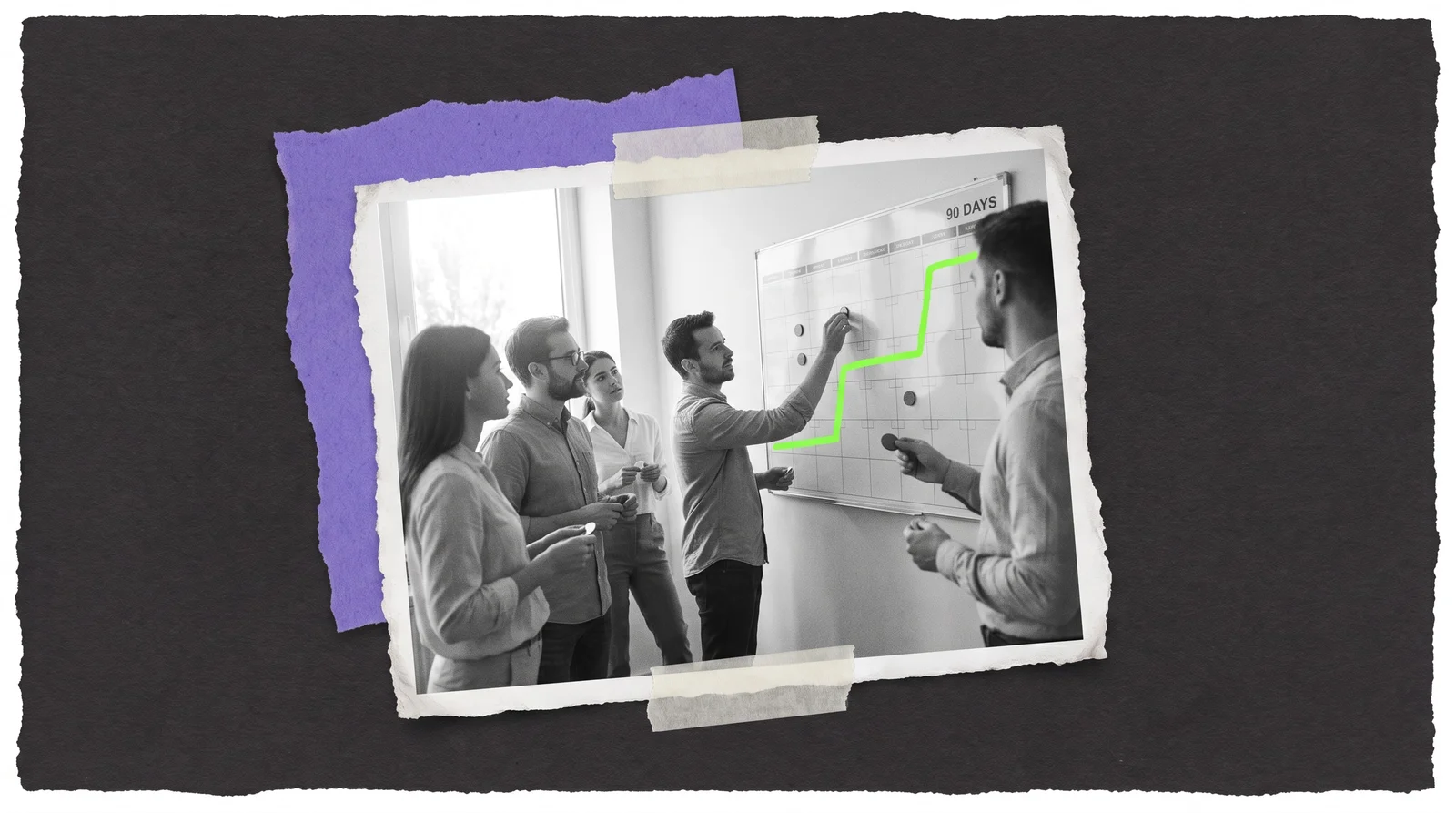 Black-and-white photo of five colleagues in front of a wall calendar headed "90 days" while one draws a rising green line across it.