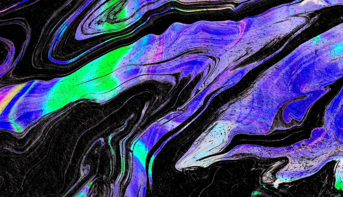 Holographic marble in purple, green and black, standing for many channels flowing through one plan.